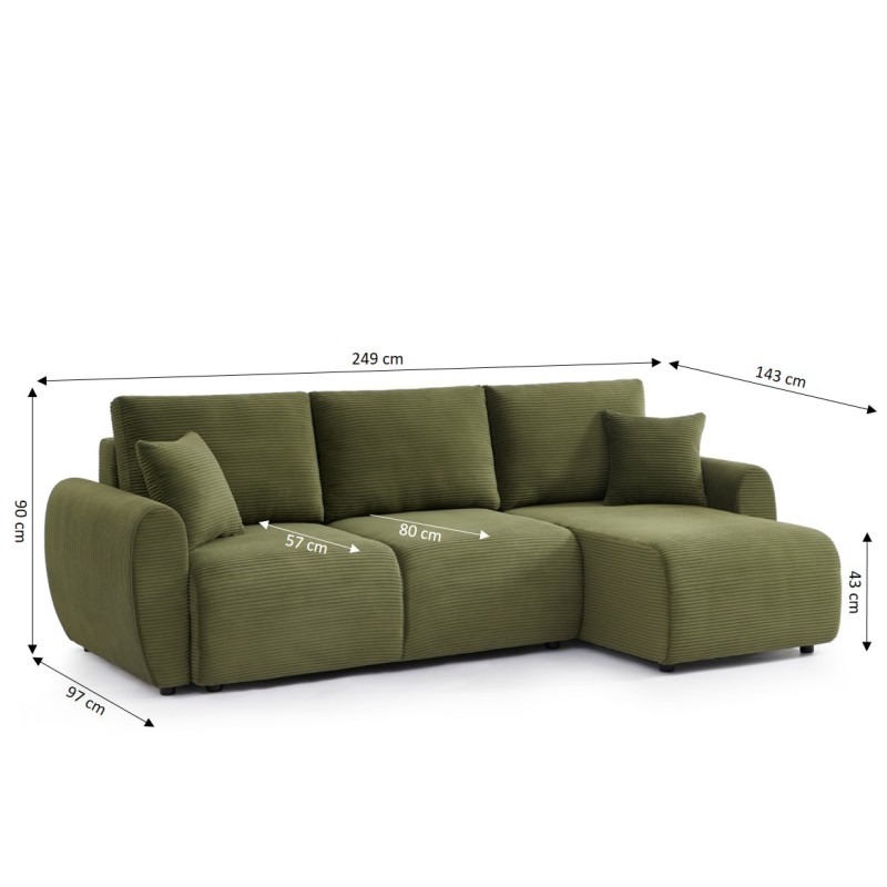 Canapé d'angle DANILO convertible velours côtelé vert 4 places