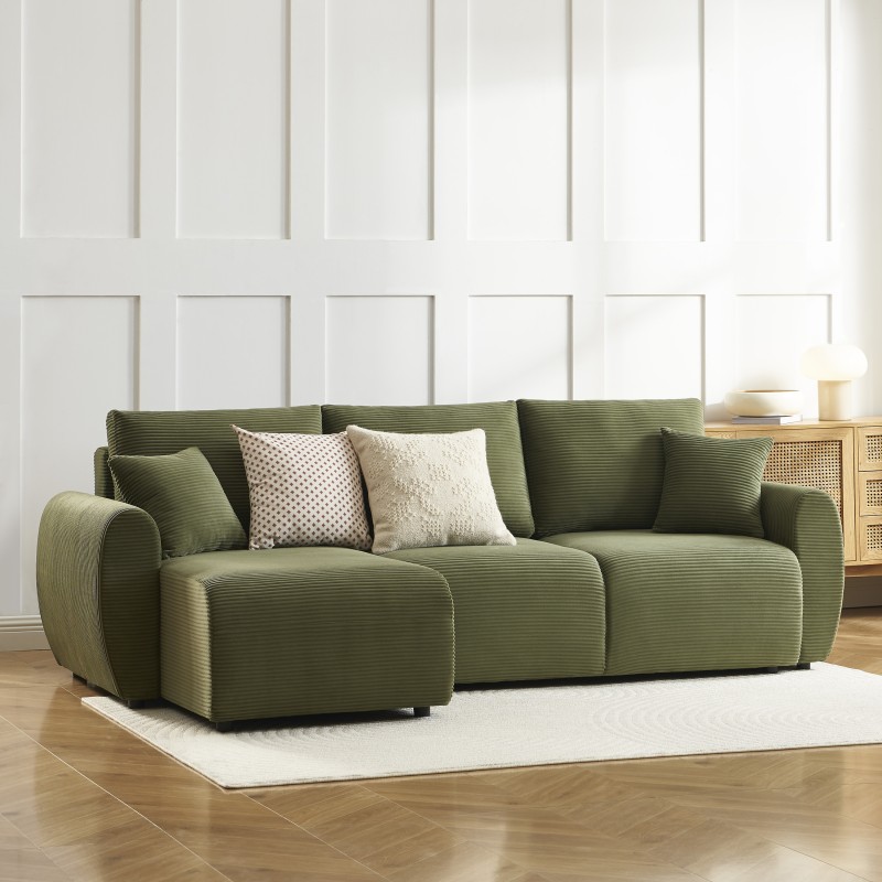 Canapé d'angle DANILO convertible velours côtelé vert 4 places