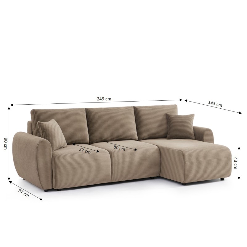 Canapé d'angle DANILO convertible velours côtelé taupe 4 places