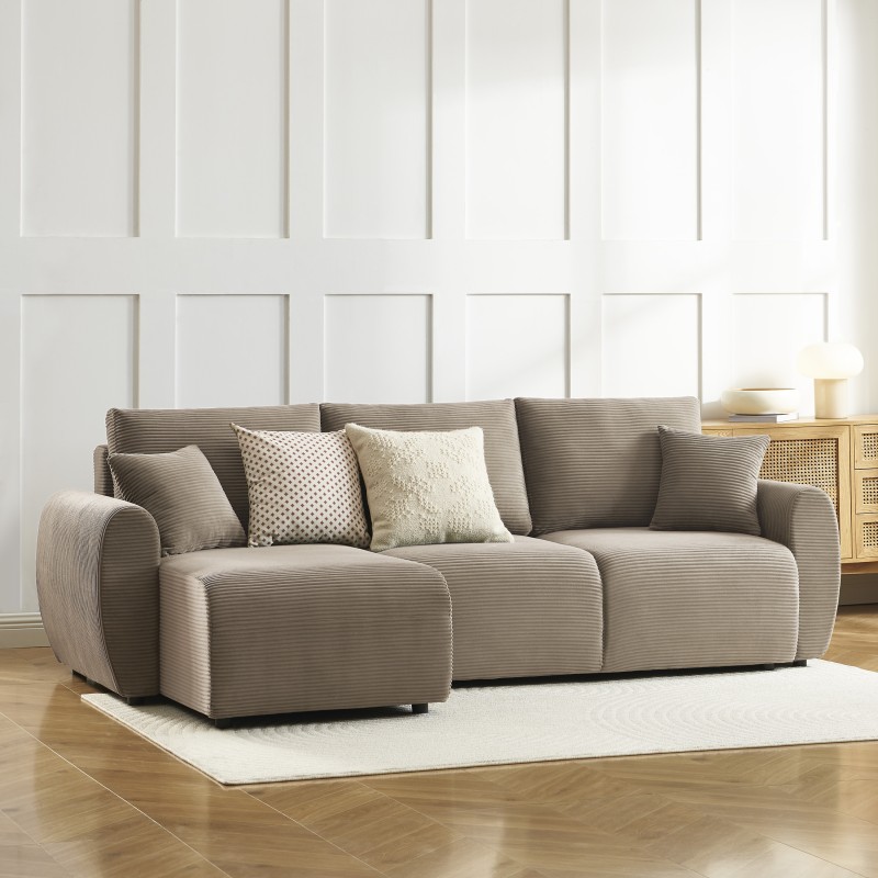 Canapé d'angle DANILO convertible velours côtelé taupe 4 places