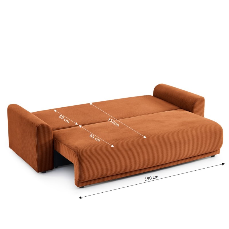 Canapé droit SOLINE convertiblevelours cotêlé terracotta 3 places