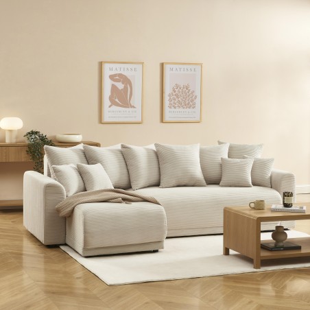 Canapé angle SOLINE convertible velours côtelé beige 4 places