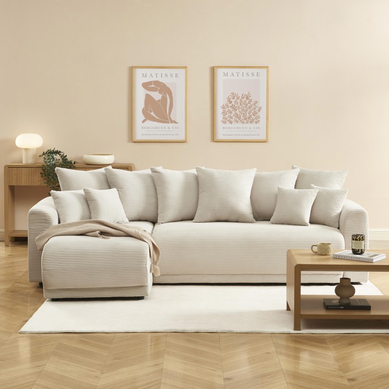 Canapé angle SOLINE convertible velours côtelé beige 4 places