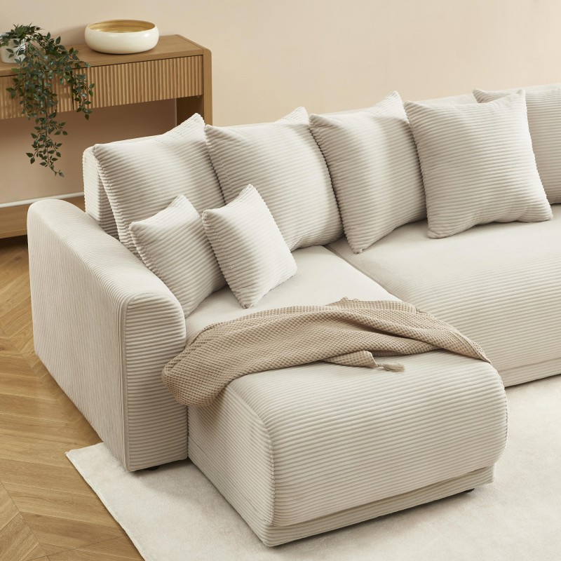 Canapé angle SOLINE convertible velours côtelé beige 4 places