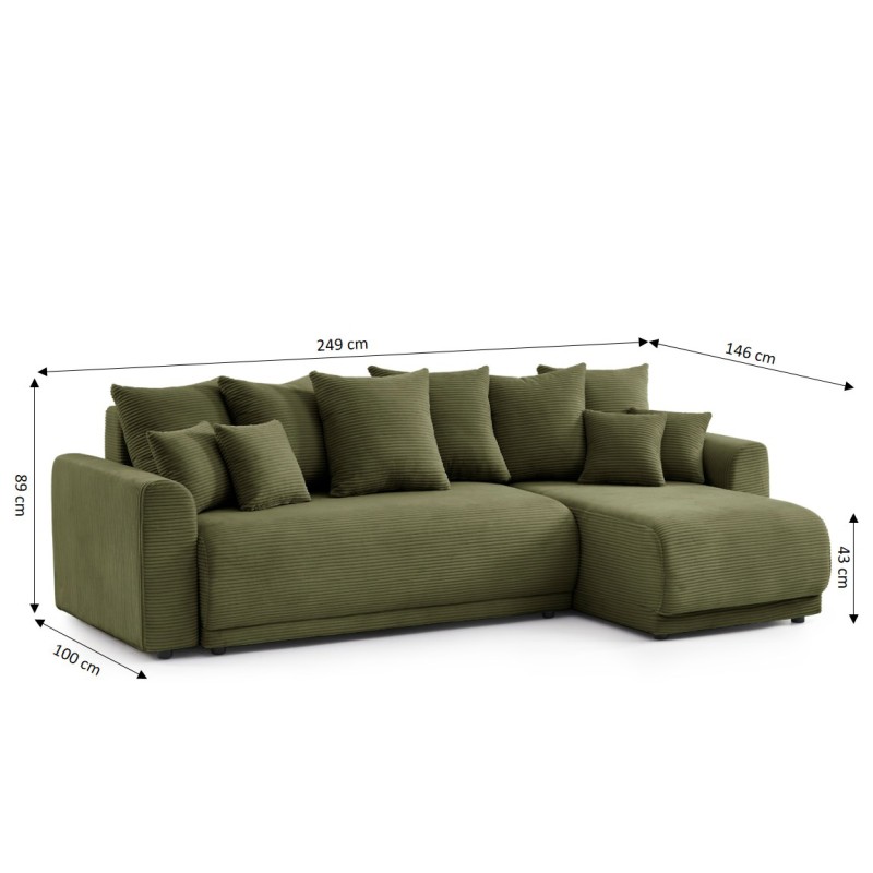 Canapé angle SOLINE convertible velours côtelé vert 4 places