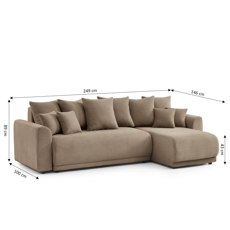Canapé angle SOLINE convertible velours côtelé taupe 4 places