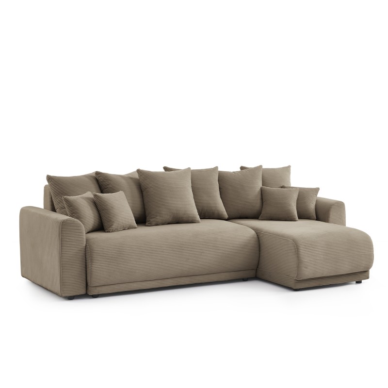 Canapé angle SOLINE convertible velours côtelé taupe 4 places