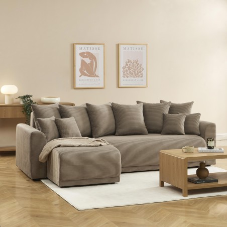 Canapé angle SOLINE convertible velours côtelé taupe 4 places