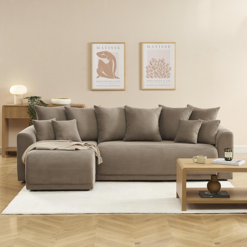 Canapé angle SOLINE convertible velours côtelé taupe 4 places