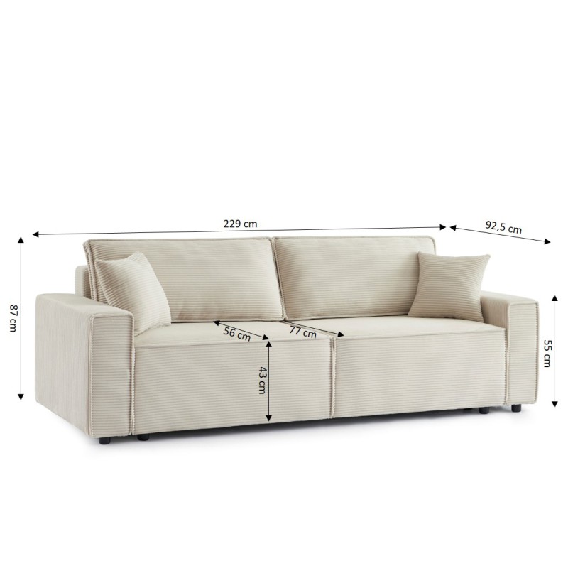 Canapé droit ZOLA convertible velours côtelé beige 3 places