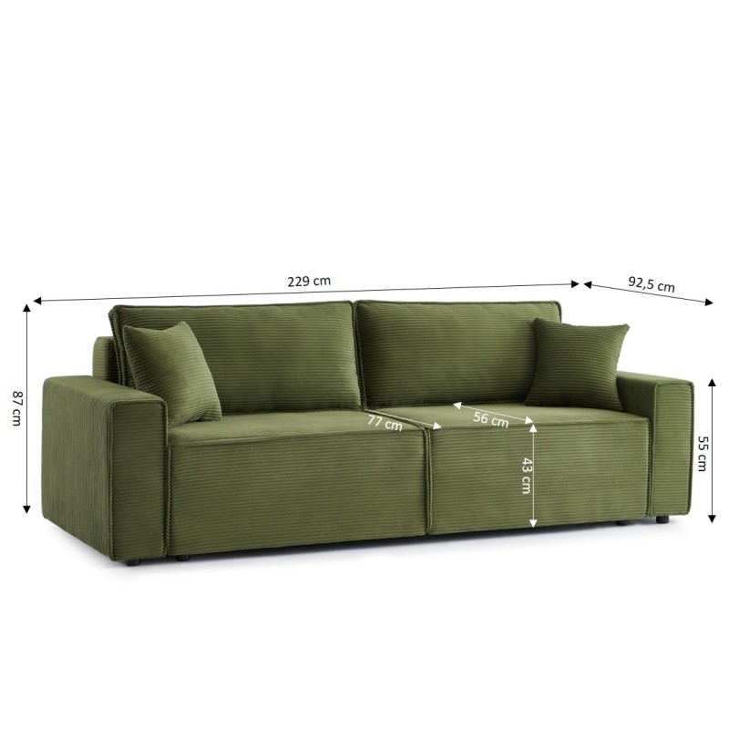 Canapé droit ZOLA convertible velours côtelé vert 3 places