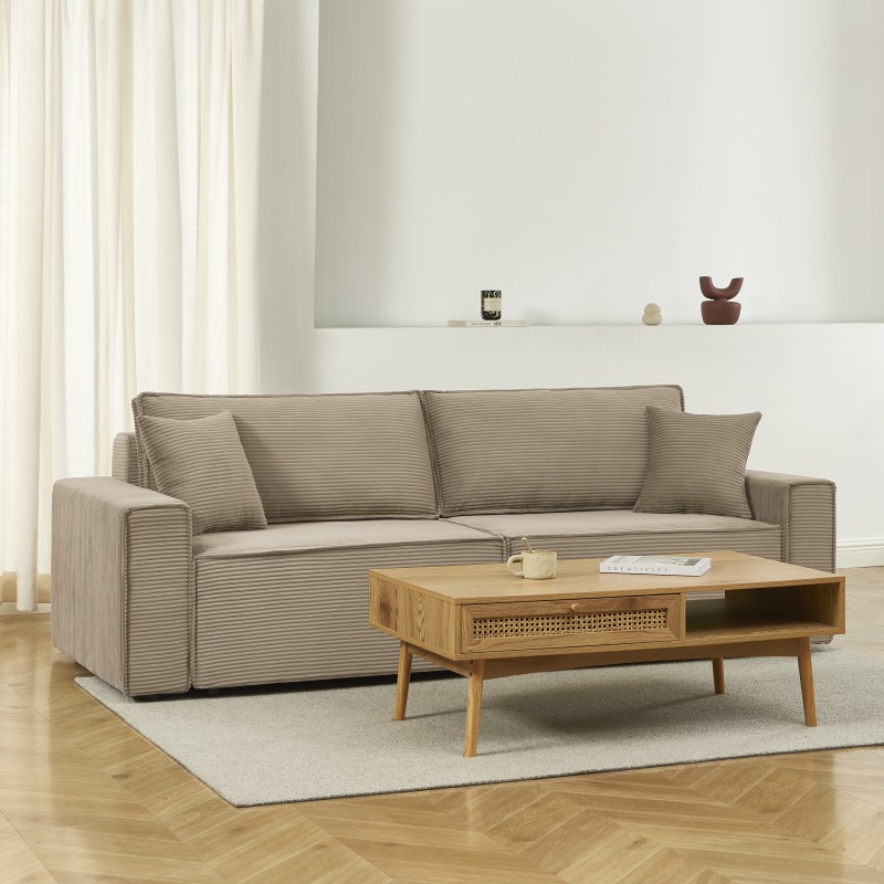 Canapé droit ZOLA convertible velours côtelé taupe 3 places