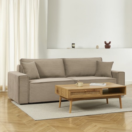 Canapé droit ZOLA convertible velours côtelé taupe 3 places