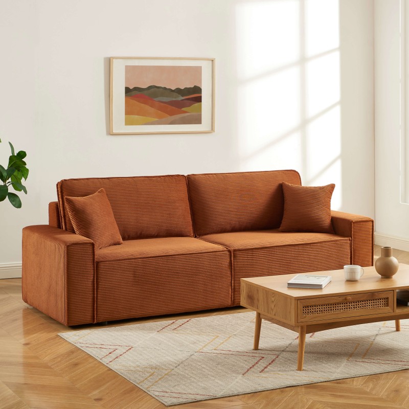 Canapé droit ZOLA convertible velours côtelé terracotta 3 places