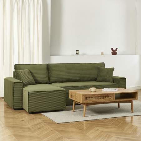 Canapé d'angle ZOLA convertible et réversible velours côtelé vert