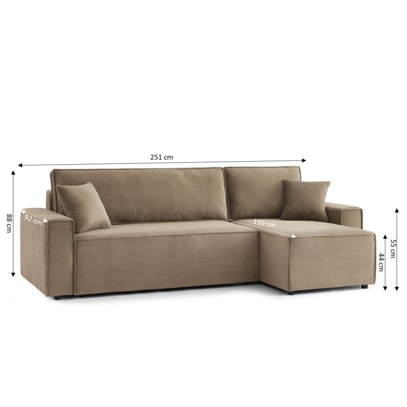 Canapé d'angle ZOLA convertible et réversible velours côtelé taupe 4 places