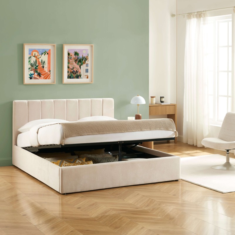 Lit coffre DARIO en tissu beige 160 x 200 cm