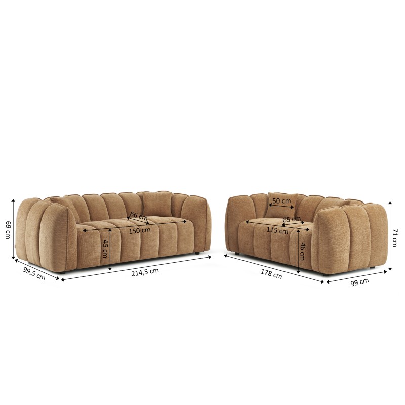 Set divani fissi 3+2 MATILDA in tessuto ciniglia terracotta