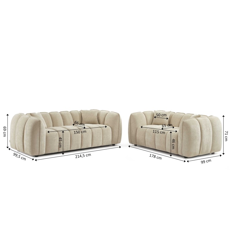 Set divani fissi 3+2 MATILDA in tessuto ciniglia beige
