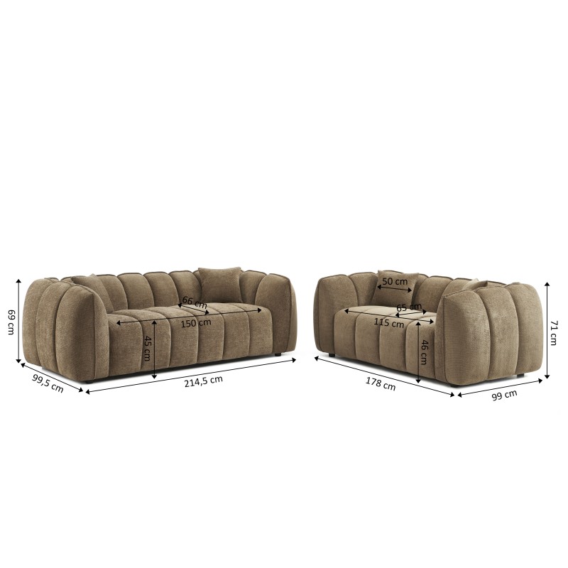 Set divani fissi 3+2 MATILDA in tessuto ciniglia marrone