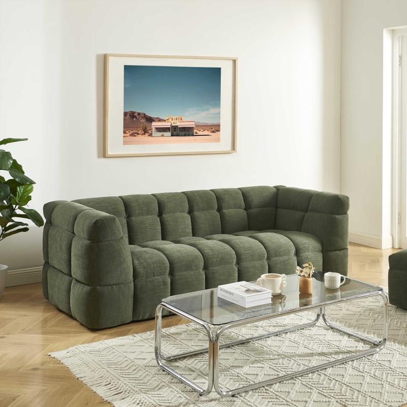 Set aus geradem 3-Sitzer-Sofa + Hocker MOODY aus grünem Leinenstoff
