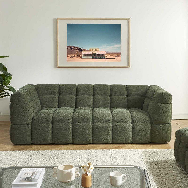 Set aus geradem 3-Sitzer-Sofa + Hocker MOODY aus grünem Leinenstoff