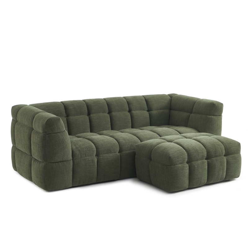 Set aus geradem 3-Sitzer-Sofa + Hocker MOODY aus grünem Leinenstoff