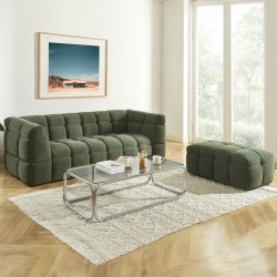 Set aus geradem 3-Sitzer-Sofa + Hocker MOODY aus grünem Leinenstoff
