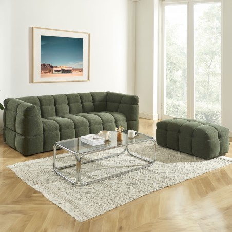 Set aus geradem 3-Sitzer-Sofa + Hocker MOODY aus grünem Leinenstoff