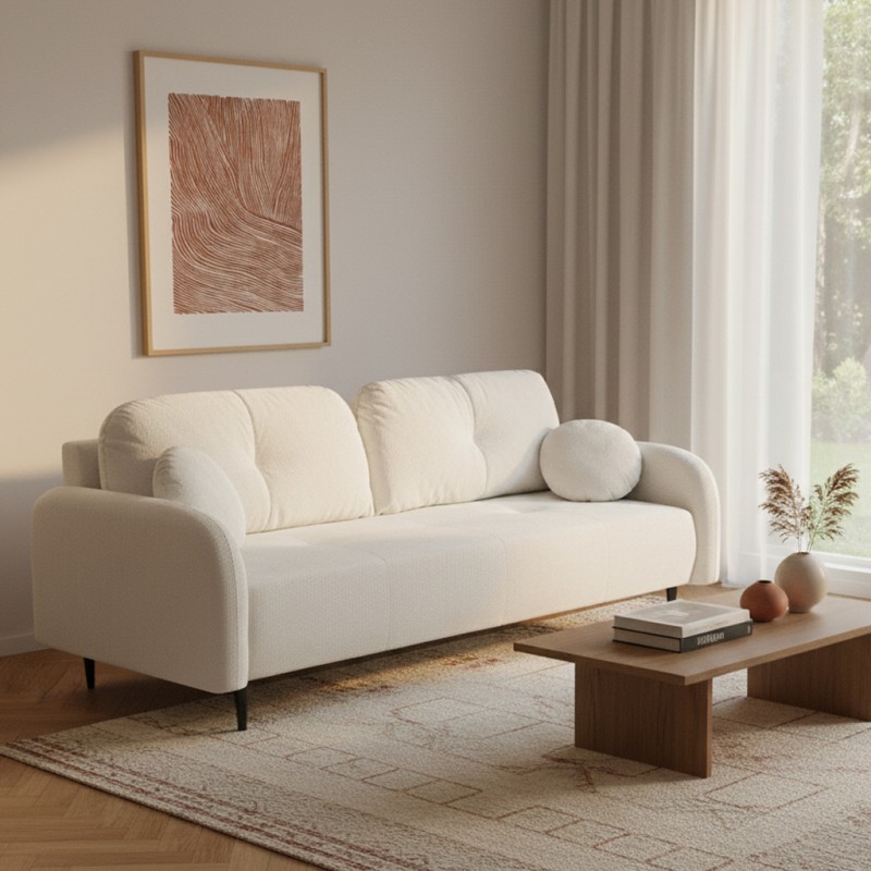 Canapé droit convertible ROTONDO 3 places tissu bouclette écru