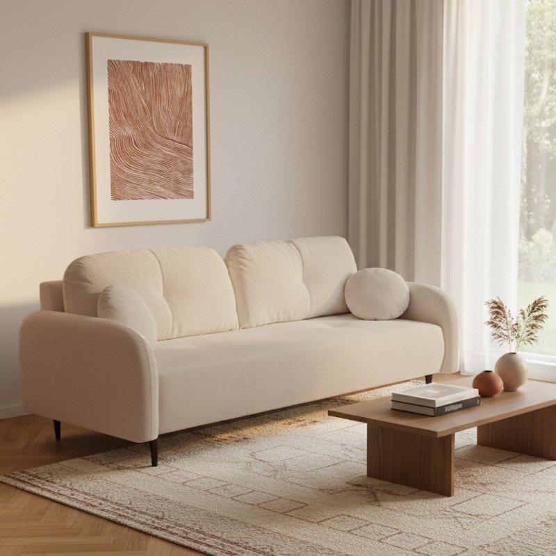 Gerades Schlafsofa ROTONDO 3-Sitzer, Bouclé-Stoff in Greige