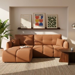Umbaubares und wendbares Ecksofa COMO 4-Sitzer, Stoff Chenille cognac