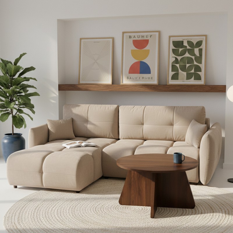 Divano angolare convertibile e reversibile COMO 4 posti in tessuto ciniglia grege