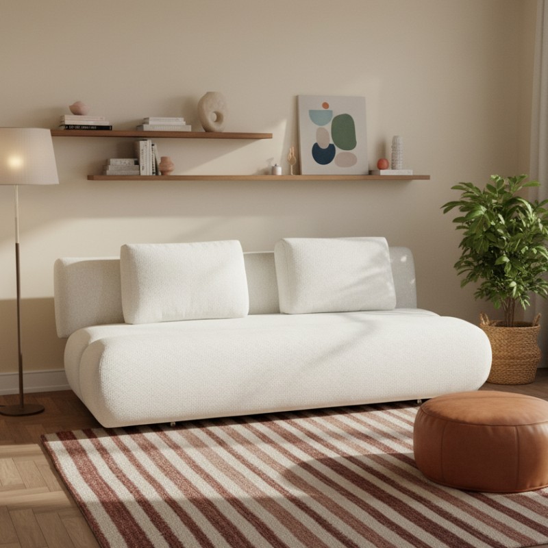 Divano letto lineare PIO 3 posti in tessuto bouclé ecru