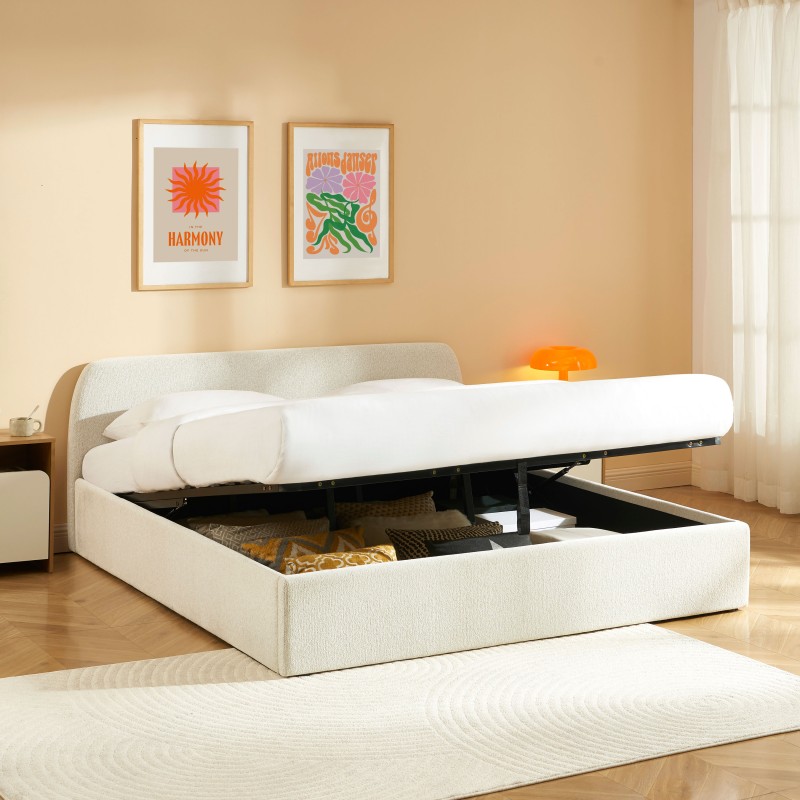 Lit coffre GELA tissu chenille beige 180x200 sommier inclus