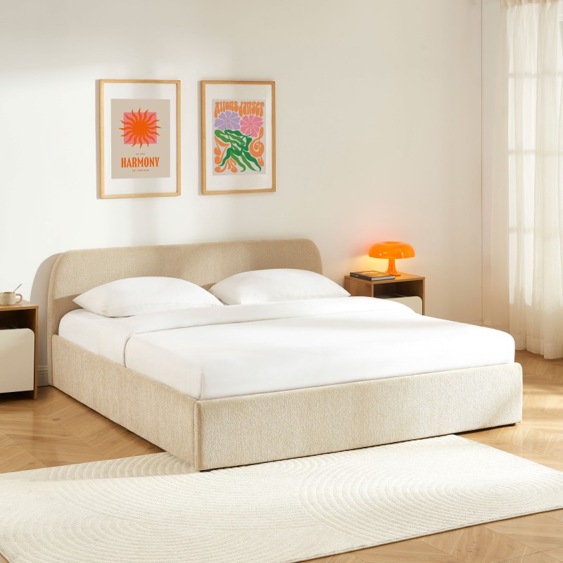 Lit coffre GELA tissu chenille grège 180x200 sommier inclus