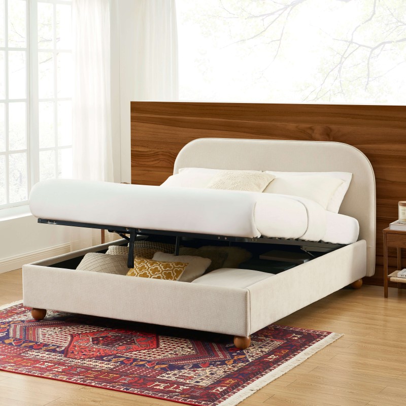 Lit coffre PILKA 140x190 tissu chenille beige sommier inclus Lit coffre PILKA 140x190 tissu chenille beige sommier inclus