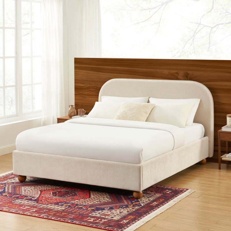 Lit coffre PILKA 160x200 tissu chenille beige sommier inclus Lit coffre PILKA 160x200 tissu chenille beige sommier inclus