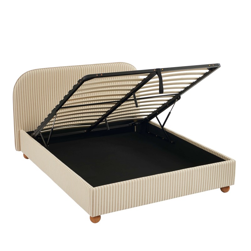 Lit coffre PILKA tissu rayé beige et écru 160x200 sommier inclus Lit coffre PILKA tissu rayé beige et écru 160x200 sommier inclus