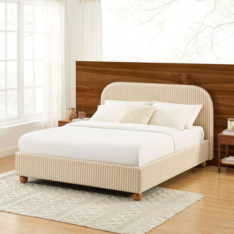 Lit coffre PILKA tissu rayé beige et écru 160x200 sommier inclus Lit coffre PILKA tissu rayé beige et écru 160x200 sommier inclus