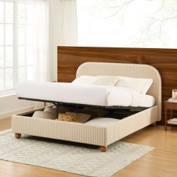 Lit coffre PILKA tissu rayé beige et écru 160x200 sommier inclus