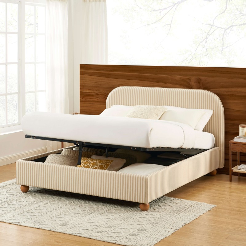 Lit coffre PILKA tissu rayé beige et écru 160x200 sommier inclus Lit coffre PILKA tissu rayé beige et écru 160x200 sommier inclus