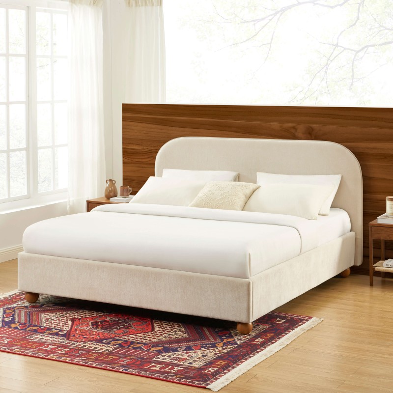 Lit coffre PILKA 180x200 tissu chenille beige sommier inclus Lit coffre PILKA 180x200 tissu chenille beige sommier inclus