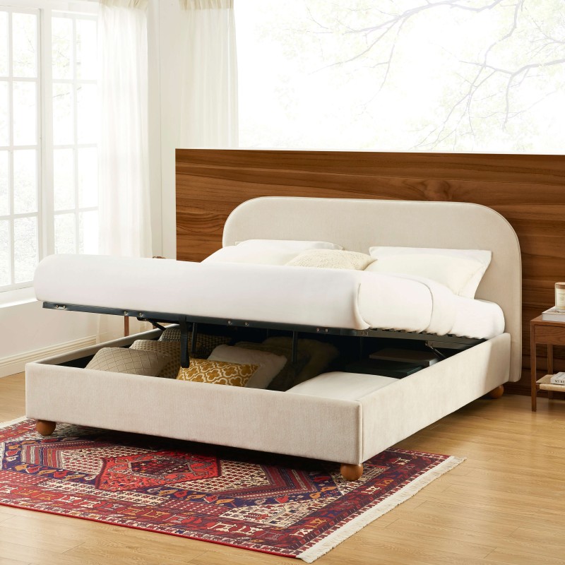 Lit coffre PILKA 180x200 tissu chenille beige sommier inclus Lit coffre PILKA 180x200 tissu chenille beige sommier inclus