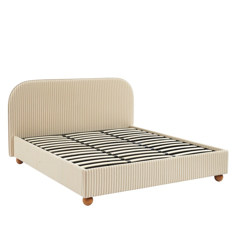 Lit coffre PILKA 180x200 tissu rayé beige et écru sommier inclus Lit coffre PILKA 180x200 tissu rayé beige et écru sommier inclus