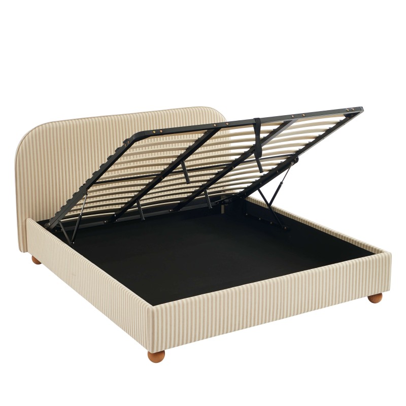 Lit coffre PILKA 180x200 tissu rayé beige et écru sommier inclus Lit coffre PILKA 180x200 tissu rayé beige et écru sommier inclus
