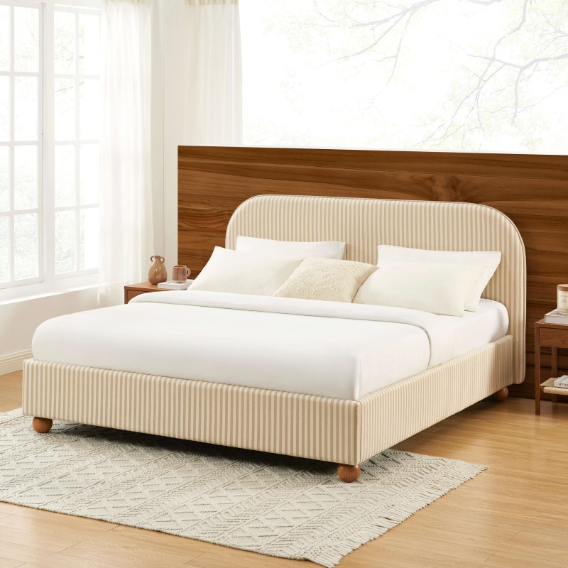 Lit coffre PILKA 180x200 tissu rayé beige et écru sommier inclus Lit coffre PILKA 180x200 tissu rayé beige et écru sommier inclus