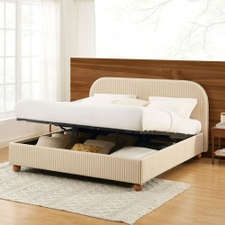 Lit coffre PILKA 180x200 tissu rayé beige et écru sommier inclus