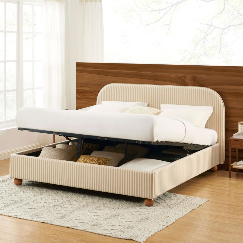 Lit coffre PILKA 180x200 tissu rayé beige et écru sommier inclus Lit coffre PILKA 180x200 tissu rayé beige et écru sommier inclus