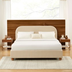 Lit coffre PILKA 180x200 tissu rayé beige et écru sommier inclus